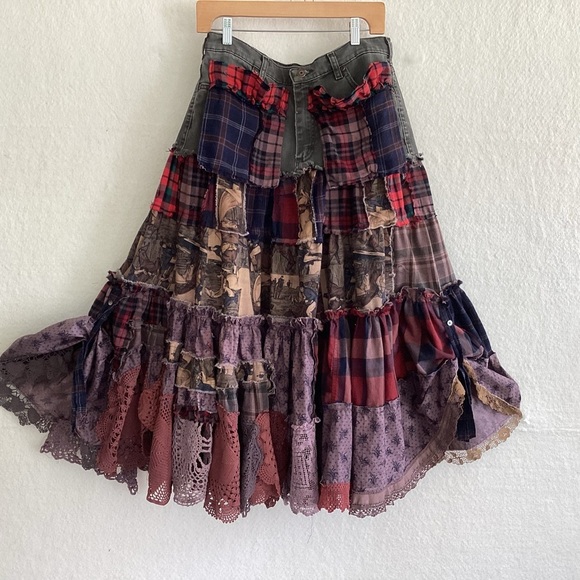 Upcycle Annie tier patchwork flannel antimacassar boho maxi skirt 32” waist 34”L - Picture 10 of 16